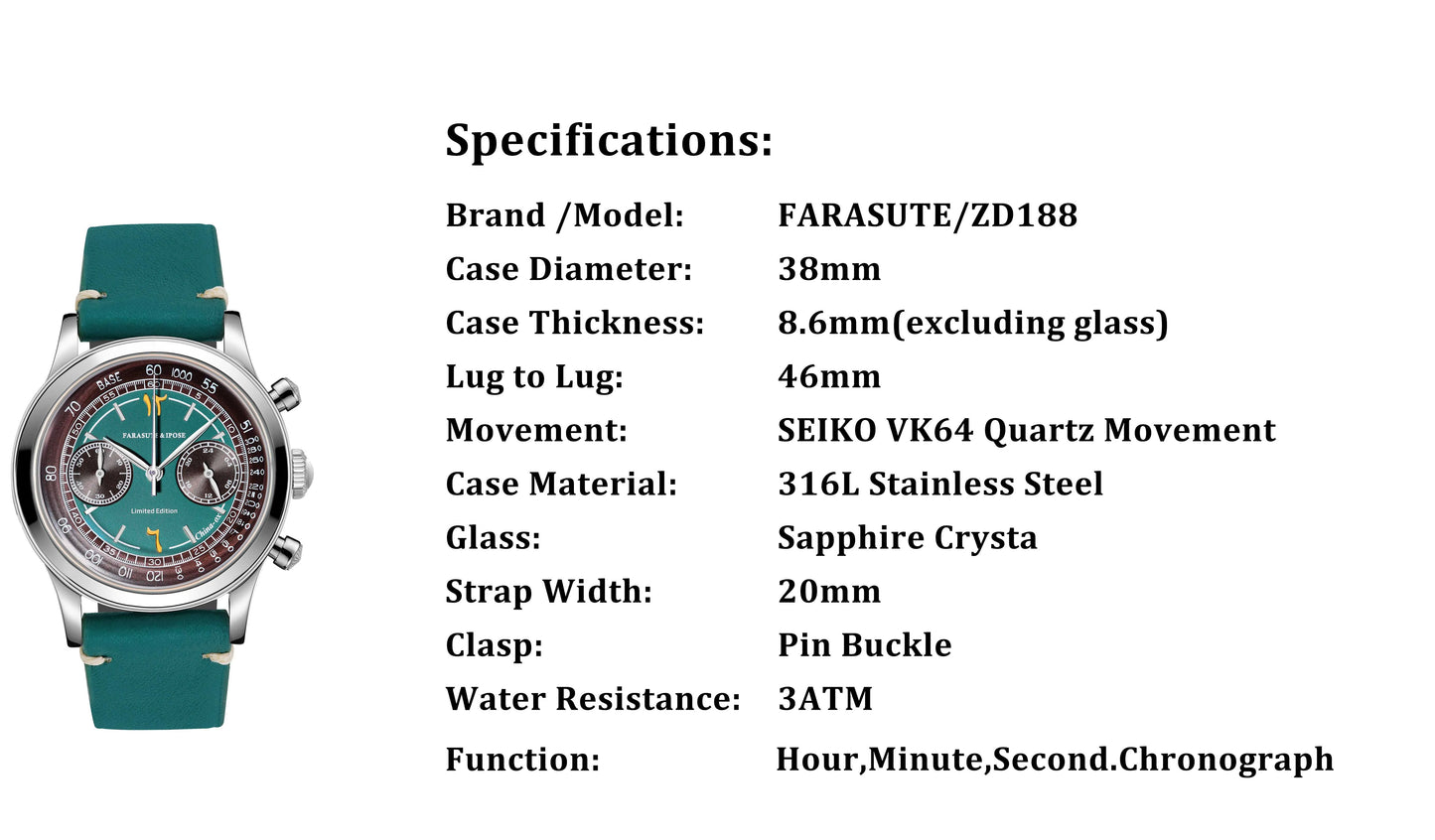 FARASUTE Retro Japan VK64 Quartz Movement Chronograph Wristwatch For Male Fashion Sapphire Sports Watches Men Clock reloj hombre