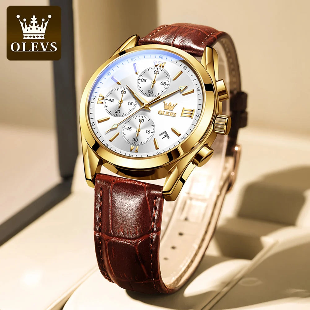 Reloj de pulsera cronógrafo para hombre OLEVS 2872 – Correa de piel, resistente al agua, agujas luminiscentes, movimiento de cuarzo, estilo deportivo de lujo
