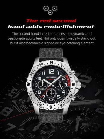 NORTH EDGE Men's Watches Solar Power 316 Stainless Steel Case Quartz Watch for Men Pilot Waterproof 50M Stopwatch