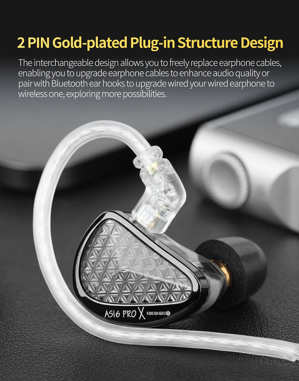 Auriculares intra-auriculares monitor KZ AS16 PRO X HiFi – auscultadores com fios com 8 drivers de armadura balanceada e microfone