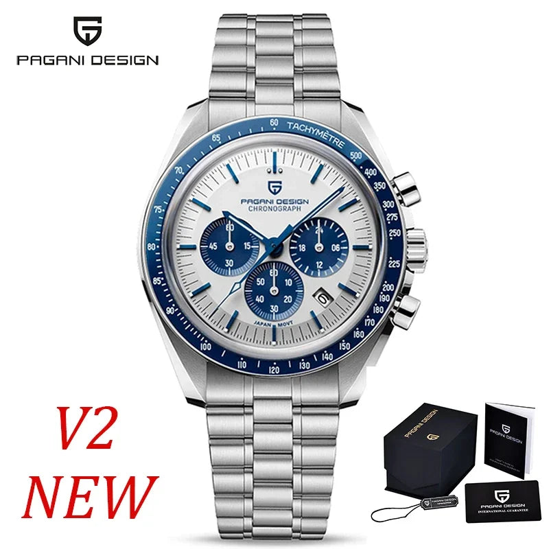 Zegarek męski PAGANI DESIGN „New Moon” – luksusowy zegarek kwarcowy, chronograf, szkło szafirowe z powłoką antyrefleksyjną, ceramiczna ramka, świecące wskazówki