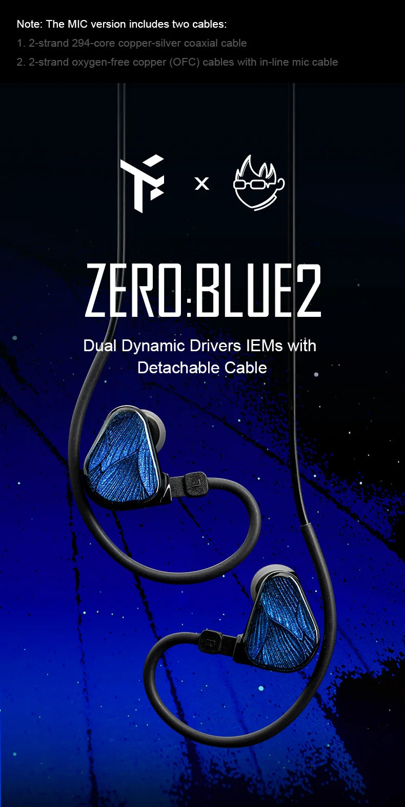 TRUTHEAR Zero:BLUE2 earphone Dual Dynamic Drivers lEMs with Detachable Cable in Ear Headphone  0.78mm 2pin 3.5mm plug