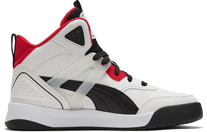 Baskets Puma Backcourt Mid, modèle blanc, noir et rouge, version High Risk, rouge et argent, 374139-01.