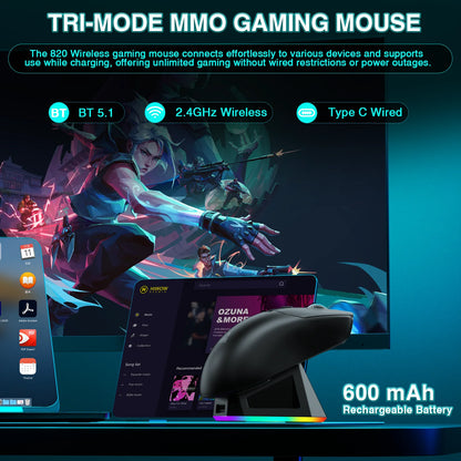 SOLAKAKA SM820 tri-mode draadloze muis met magnetisch oplaadstation, RGB, PAW3311, 24000DPI, draadloze macro-gamingmuis, ultralicht