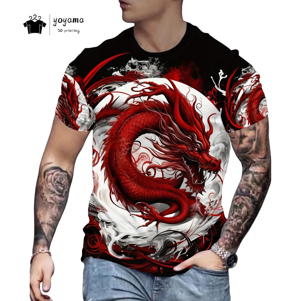 T-shirts de homem com padrão de dragão, manga curta, gola redonda, estilo streetwear, estampado animal 3D, corte largo e versátil, roupa de homem