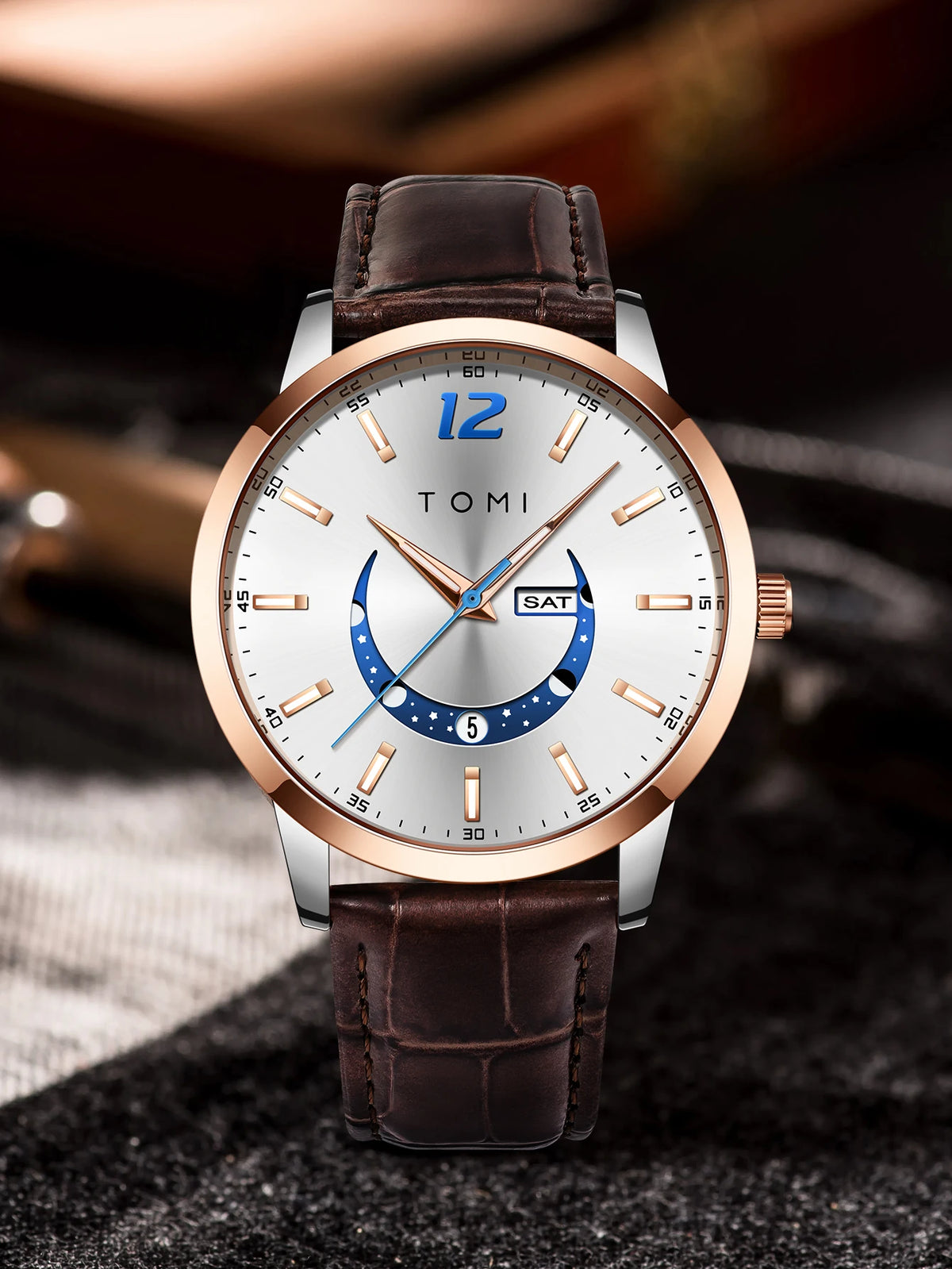 Ceas cu cuarț TOMI, stil business și elegant, cu brățară din piele, carcasă din aliaj și cadran cu ace – Design de înaltă calitate, idee de cadou pentru bărbați