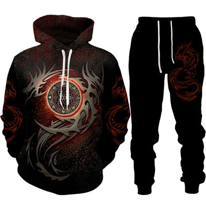 Dres z nadrukiem 3D Retro Dragon Tattoo dla mężczyzn i kobiet, casualowy zestaw z bluzą z kapturem + spodnie, 2 części, oversize, modna odzież męska