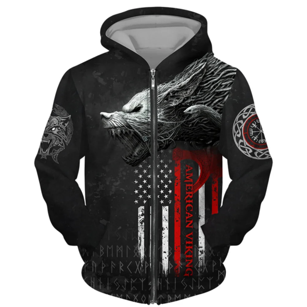 3D Wolf Print Men's Zipper Hoodies Fashion Animal Pattern Top Coat Street Punk Style Oversized Sweatshirts Outdoor Leisure Jackets
