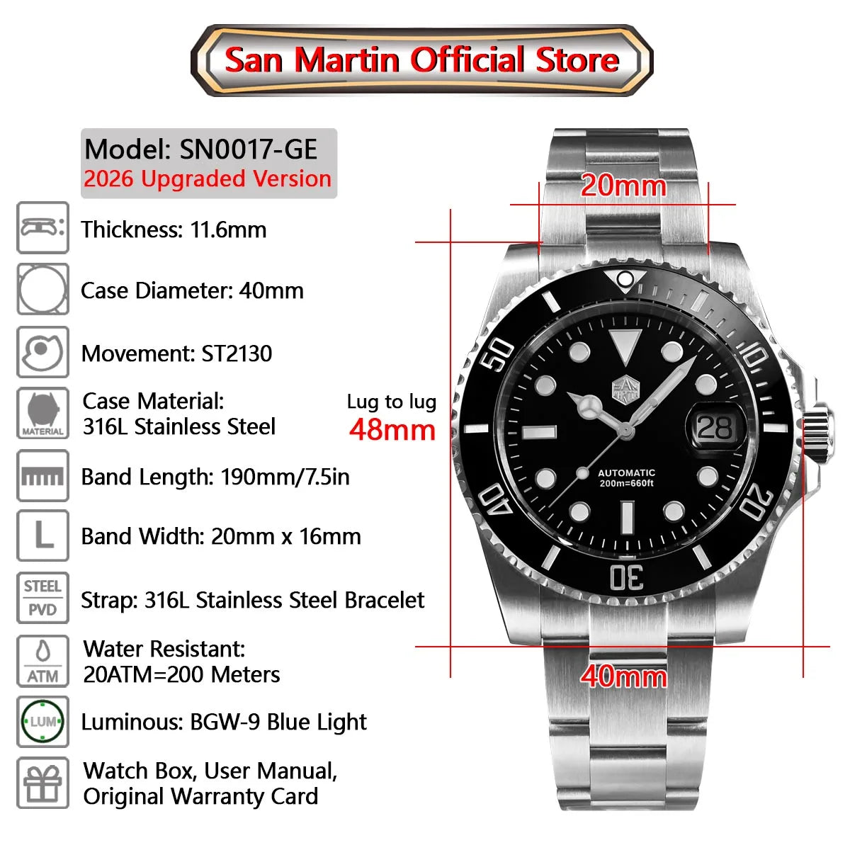 San Martin Verbesserte Version 40mm Water Ghost Diver Watch Herren Luxus-Automatikuhr Mechanische Uhr Saphir Wasserdicht 200m SN0017