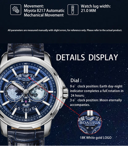 Relógio mecânico masculino totalmente automático BORIAGE(BOAIJIUA) — design original, resistente à água e luminoso
