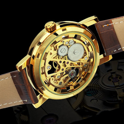 Winner Transparent Luxury Skeleton Mechanical Watches Casual Leather Strap Gold Watch for Men Luminous Hands Retro Wristwatches