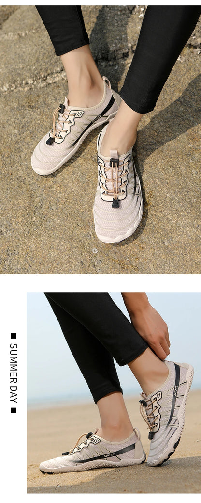 Novos sapatos aquáticos 2025 barefoot para praia e desporto, sapatos de natação antiderrapantes de alta qualidade, sapatos desportivos casuais de cinco dedos unissexo