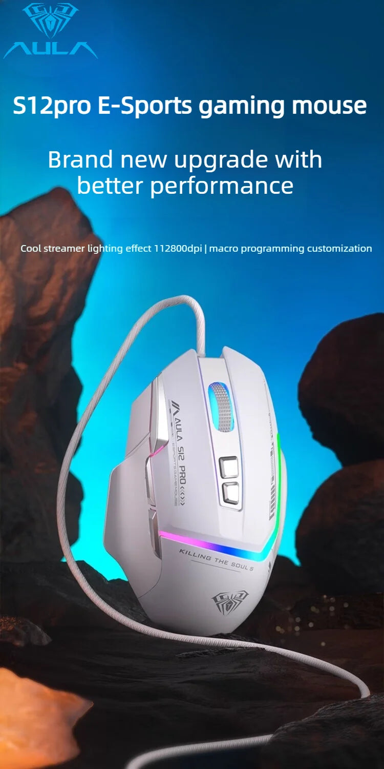 Hot Sale AULA S12 Pro Wired Gaming Mouse 12800 DPI RGB Backlit 8 Programmable Buttons Ergonomic Game Mouse for PC Laptop