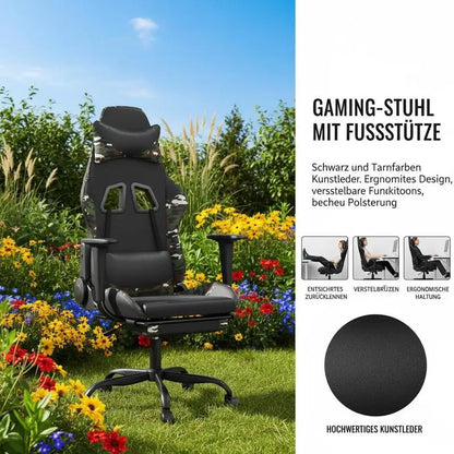 Gaming Chair with Footrest Reclining Ergonomic Racing Chair, 360° Swivel Gaming Chair with Adjustable Height, PU Leather Computer Gaming Chair for Office & Home