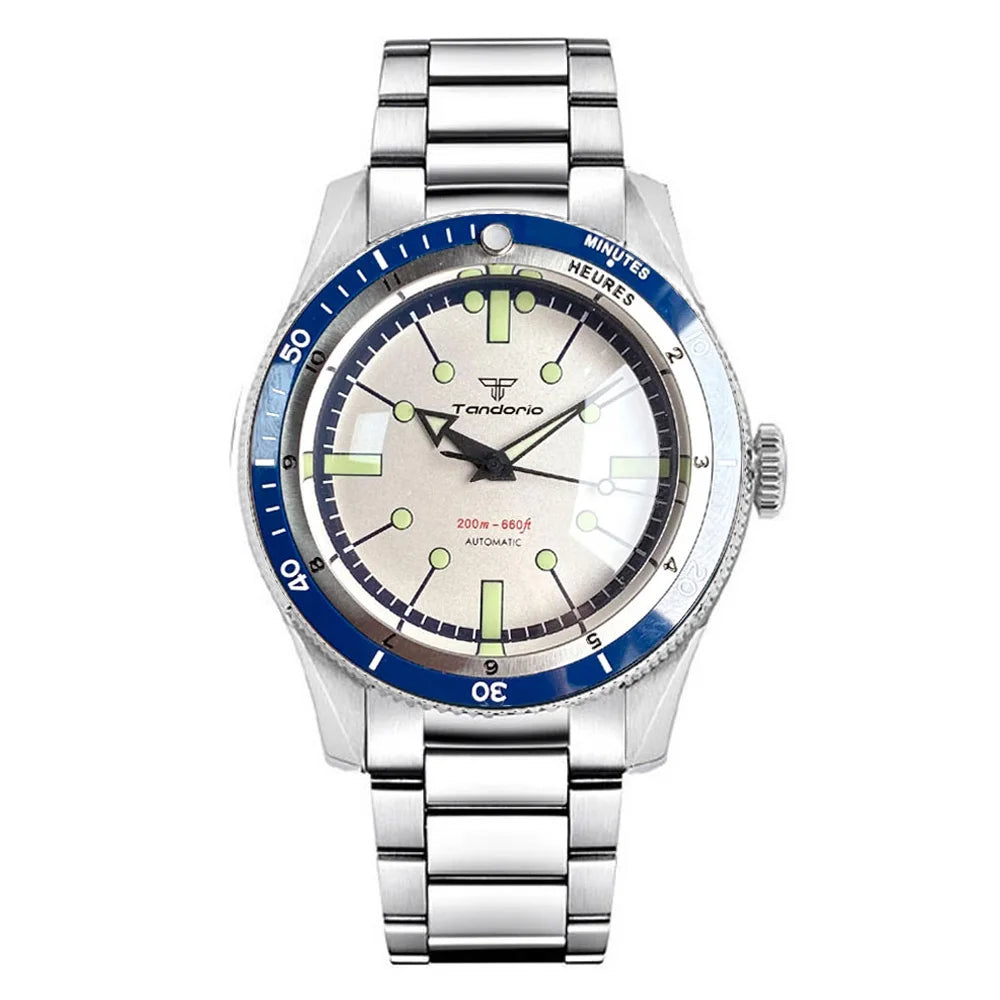 Tandorio NH35A PT5000 Mechanical Mens Watch 20BAR Waterproof Sapphire Luminous Red Black Dial Stainless Steel Bracelet New Clock