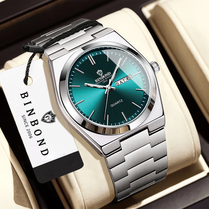 Relógio de pulso de luxo BINBOND com movimento de quartzo, luminoso, estanque, com indicação do dia da semana e data automática, bracelete em aço, estilo empresarial, desportivo, moderno e casual.