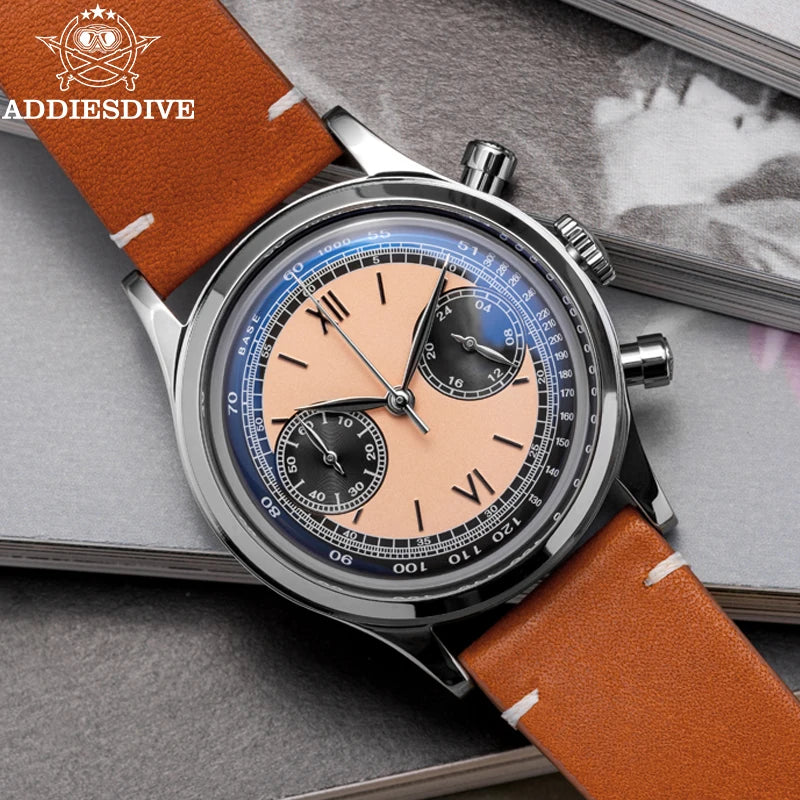 ADDIESDIVE Reloj Hombre  Multifunctional Chronograph Watch VK64 Leather Watch 10Bar Waterproof Mens Quartz Watches часы