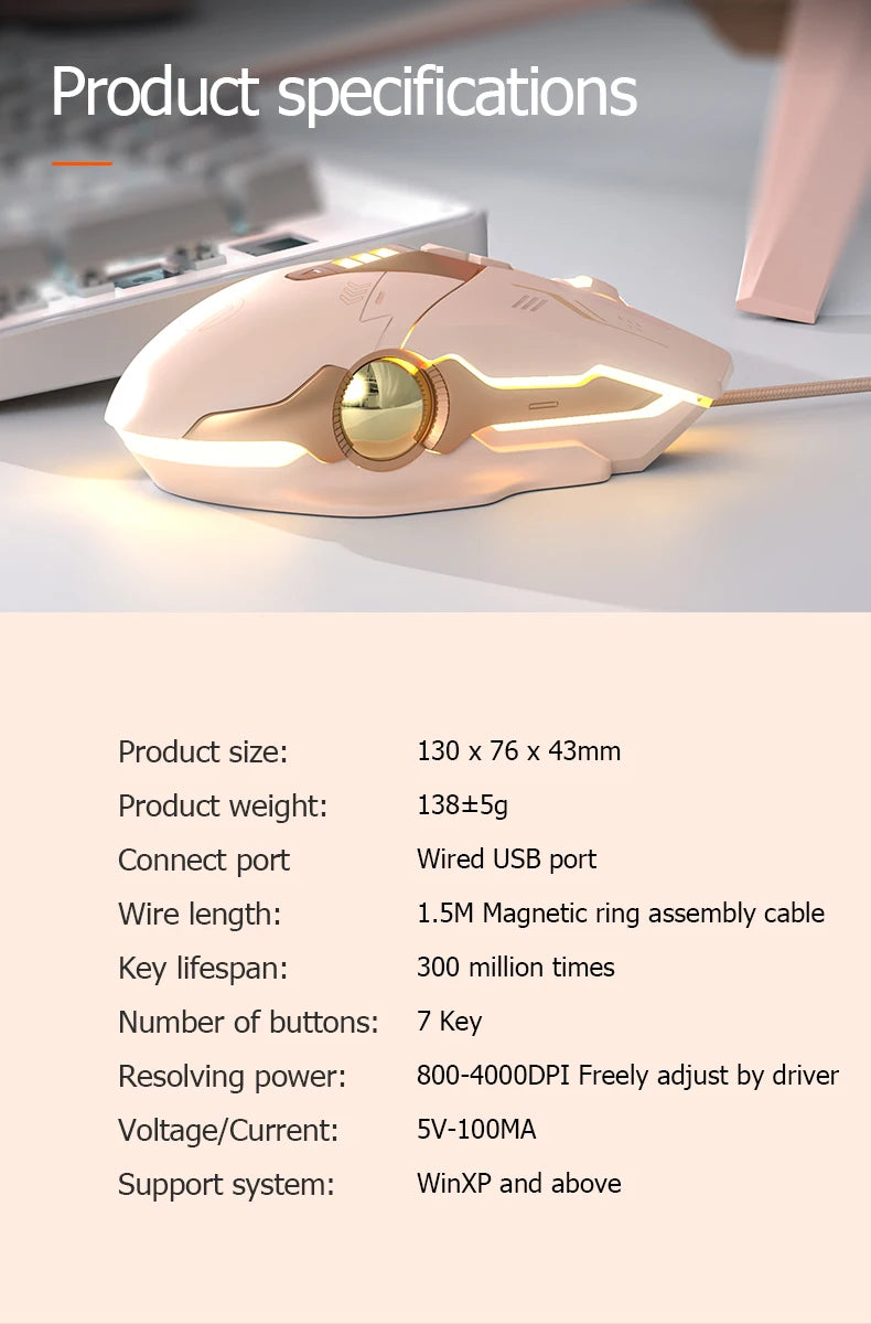 Factory Sales Inphic W8 Wired Gaming Mouse 4000DPI 7 Buttons Macro definition RGB Breathable Lamp Silent Computer Pink Mouse