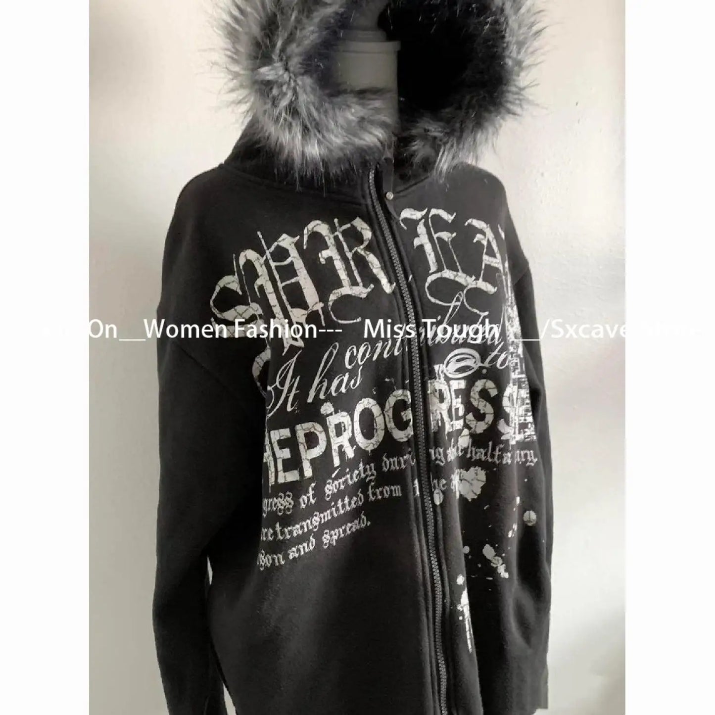 Produit gaming premium Fraquane, American Vintage Black Faux Fur Sweatshirts Women Letter Printed Subculture Coats with Hooded Female Gothic Harajuku Jackets Y2k