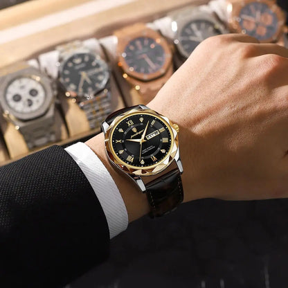 POEDAGAR herenhorloge, origineel luxemodel: waterdicht, lichtgevend, met datum- en dagweergave. Quartzhorloge in klassieke en professionele stijl, voorzien van een leren band.