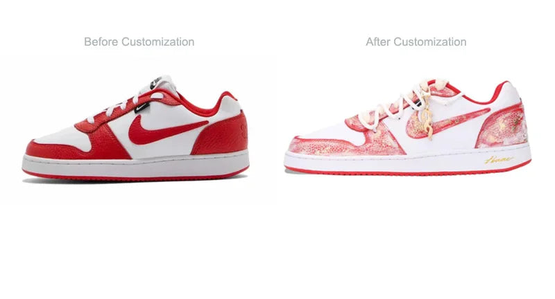 Skräddarsydda sneakers Nike EBERNON ”Fiery Red Snake” med guldfolie, vintage-inspirerade, slitstarka, låga unisex-sneakers