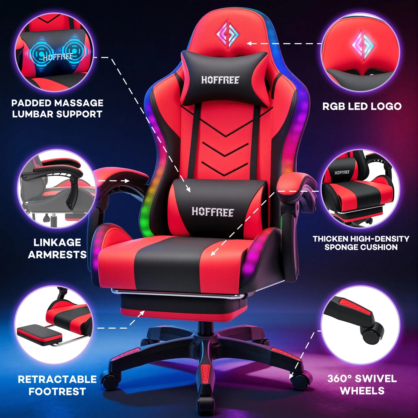300lbs RGB LED Gaming Chair with Wireless Speakers, Ergonomic Massage Gaming Chair with Footrest, Reclining Computer Gaming Chair for Adults