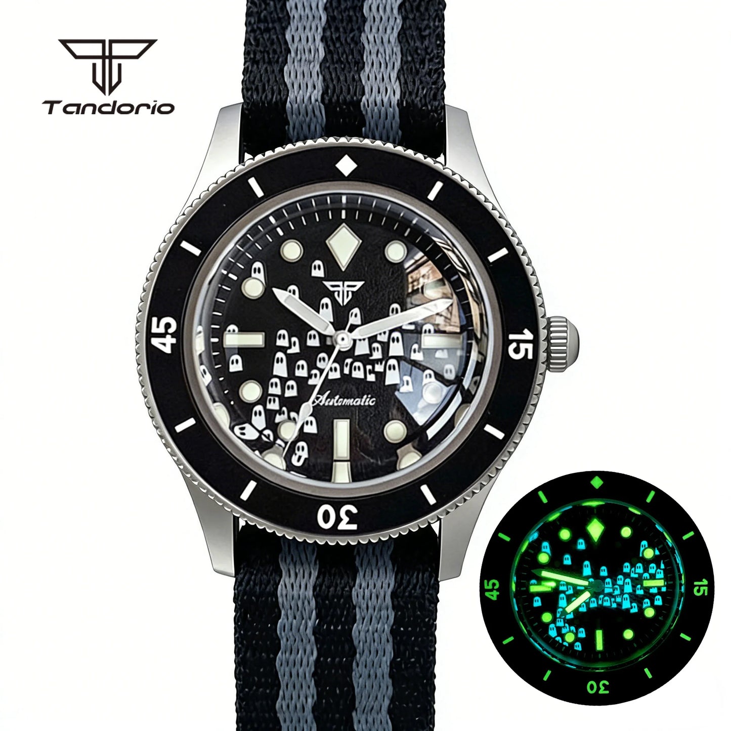 Tandorio Domed Sapphire 40mm Mechanical 50-Fathoms Style Diver Fashion Automatic Men Watch Miyota8215/PT5000 Luminous Ghost Dial