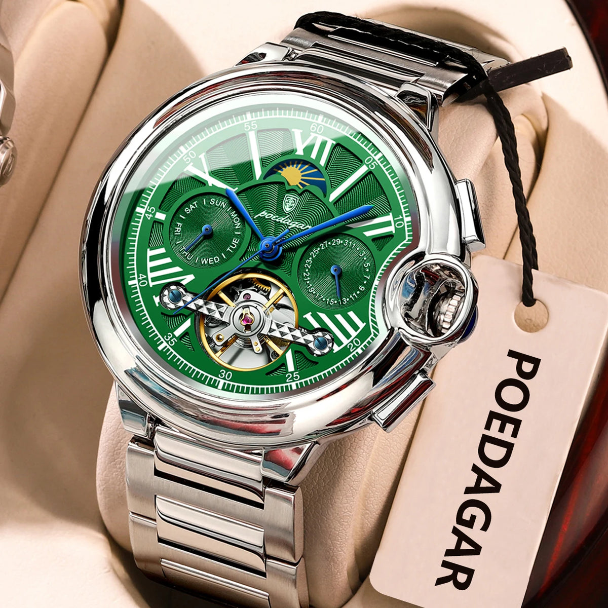 POEDAGAR herenhorloge, luxe en professionele stijl, met datum- en dagweergave, tourbillon, roestvrijstalen kast, automatisch mechanisch uurwerk en waterdicht.