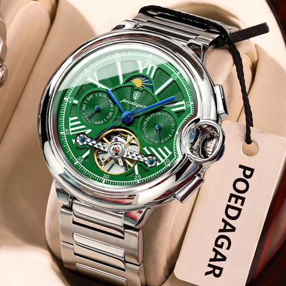 POEDAGAR herenhorloge, luxe en professionele stijl, met datum- en dagweergave, tourbillon, roestvrijstalen kast, automatisch mechanisch uurwerk en waterdicht.
