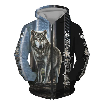 3D Wolf Print Men's Zipper Hoodies Fashion Animal Pattern Top Coat Street Punk Style Oversized Sweatshirts Outdoor Leisure Jackets