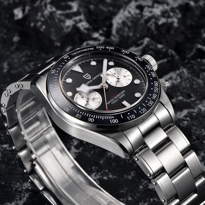 Vyriškas laikrodis „PAGANI DESIGN“ „Panda“ – prabangus kvarcinis chronografas, atsparus vandeniui, safyro stiklas su antirefleksine danga, šviečiantis sportinis laikrodis