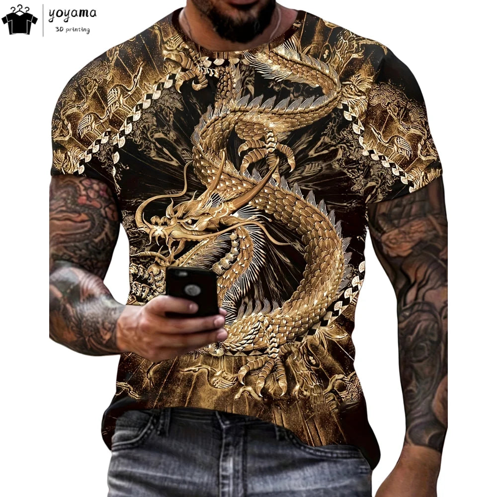 T-shirts de homem com padrão de dragão, manga curta, gola redonda, estilo streetwear, estampado animal 3D, corte largo e versátil, roupa de homem