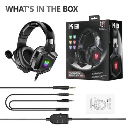 Casque de jeu filaire ONIKUMA K8 RGB, casque supra-auriculaire, microphone flexible, son surround 3,5 mm pour PC, PS4, Xbox, Switch, joueur