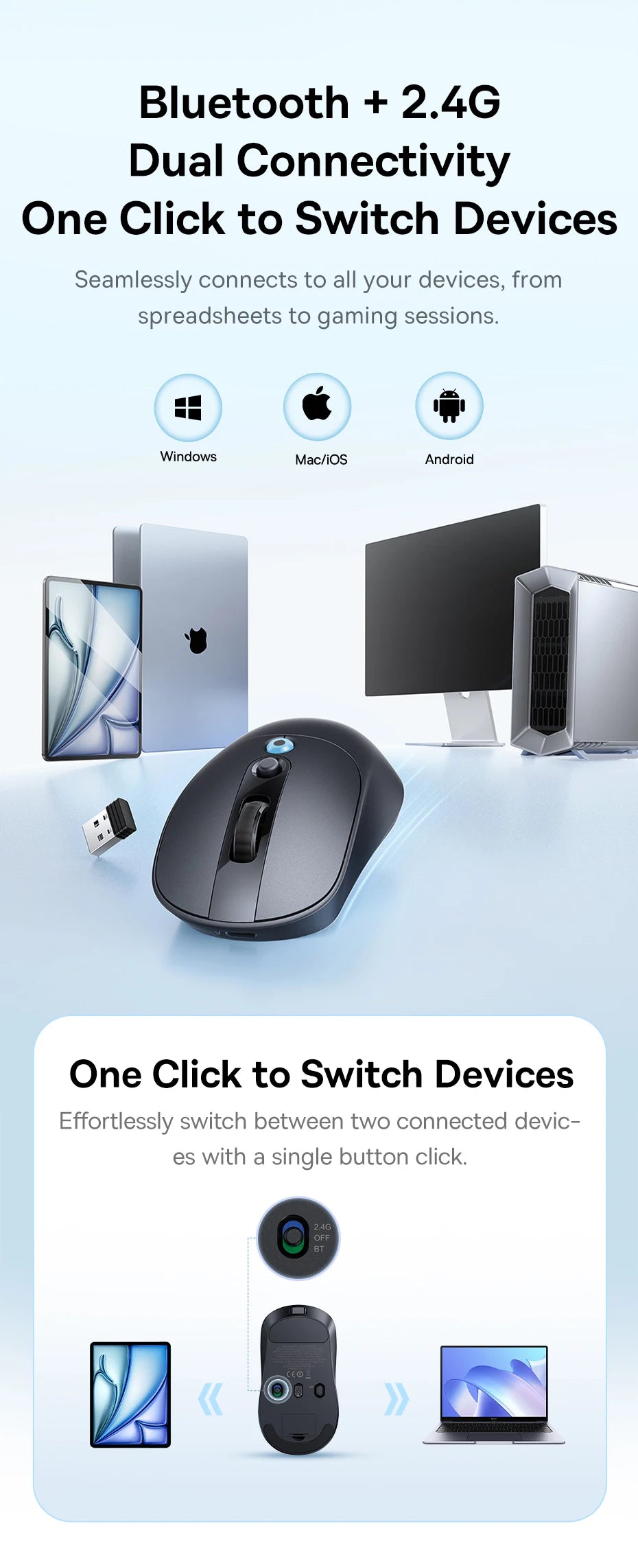 【NAUJIENA】Baseus EM2 ergonominė belaidė pelė, Bluetooth 5.3, 2.4G, Type-C įkrovimas, itin lengva tyli pelė su pritaikomu mygtuku