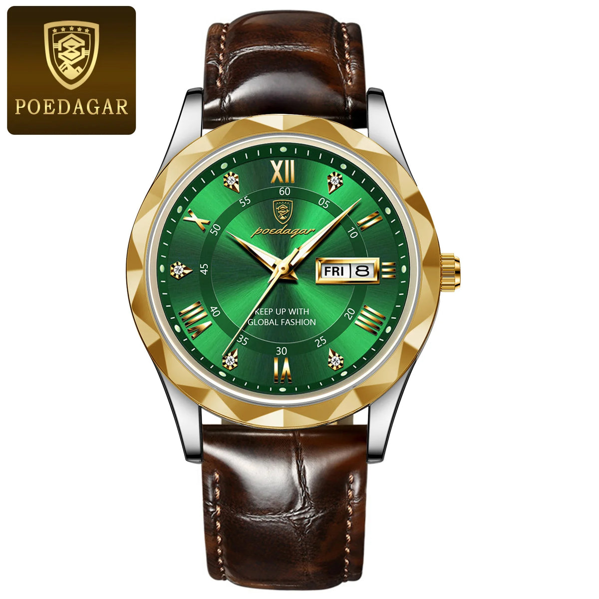 POEDAGAR herenhorloge, origineel luxemodel: waterdicht, lichtgevend, met datum- en dagweergave. Quartzhorloge in klassieke en professionele stijl, voorzien van een leren band.