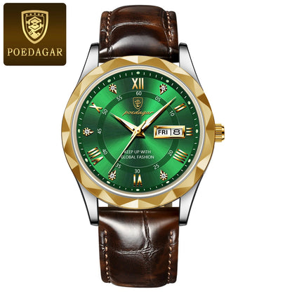 POEDAGAR herenhorloge, origineel luxemodel: waterdicht, lichtgevend, met datum- en dagweergave. Quartzhorloge in klassieke en professionele stijl, voorzien van een leren band.
