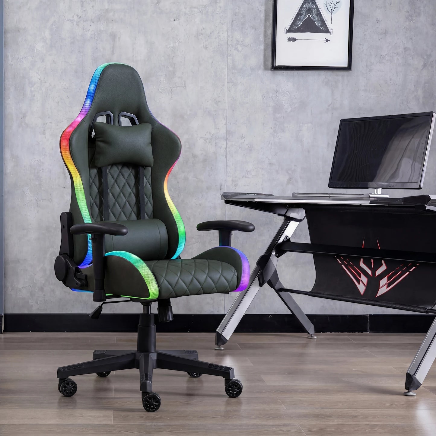 Ergonomic Office Chair with Lumbar Massage, RGB LED Lighting, Reclining Backrest, Adjustable Armrests, Gaming Desk Chair for Home Office