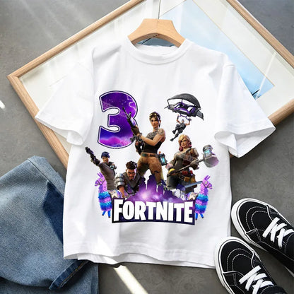 Fortnite Kindergeburtstag Zahlen-T-Shirt für Mädchen und Jungen, Sommerkleidung, Baby-Baumwoll-T-Shirt, Party-Kurzarm-Oberteil, Geschenk für Kleinkinder