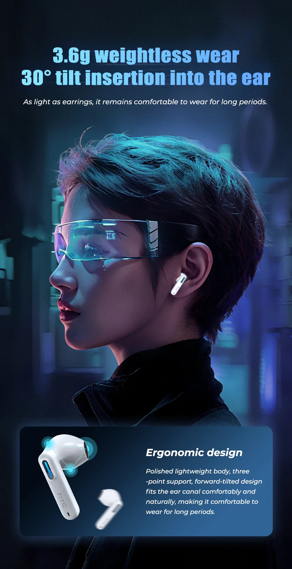 Auriculares Bluetooth HTC NE49 6.0 True Wireless Earbuds Gaming HiFi Deep Bass Lightweight Cool Design IPX5 Waterproof Choice