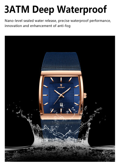 POEDAGAR Men’s Luxury Rectangle Quartz Watch Stainless Steel Mesh Strap, Luminous Dial & Date