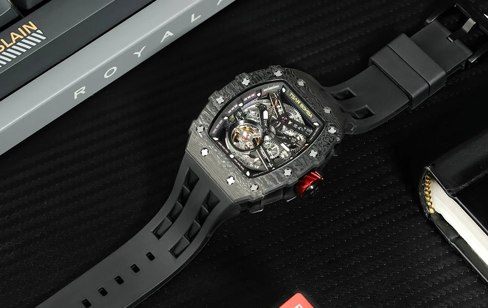 TSAR BOMBA Carbon Fiber Automatic Mechanical Watch for Men Waterproof Skeleton Mens Watches Top Brand Luxury Wristwatches
