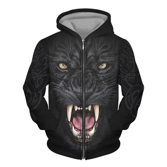 3D Wolf Print Men's Zipper Hoodies Fashion Animal Pattern Top Coat Street Punk Style Oversized Sweatshirts Outdoor Leisure Jackets