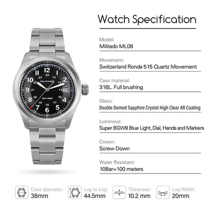Militado ML08 Vintage Quartz Watch Ronda 515 Movement Ar Sapphire Mirror 38Mm Wrist Watch Date Super Luminous Waterproof Watches