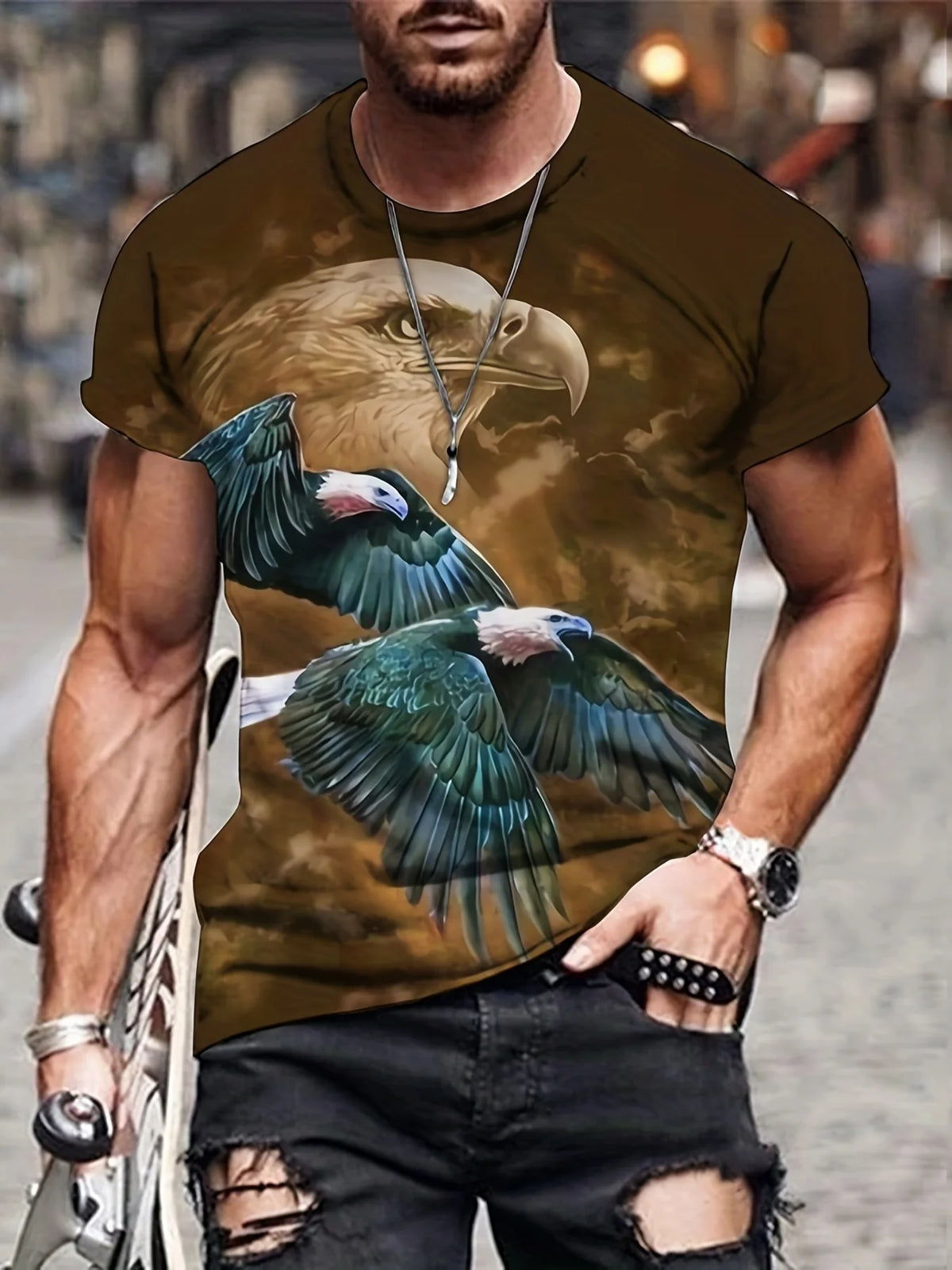 Modne majice z grafiko Eagle Luksuzne majice Poletne moške majice Sproščene majice Majice s kratkimi rokavi 3D-tiskanje Moška oblačila
