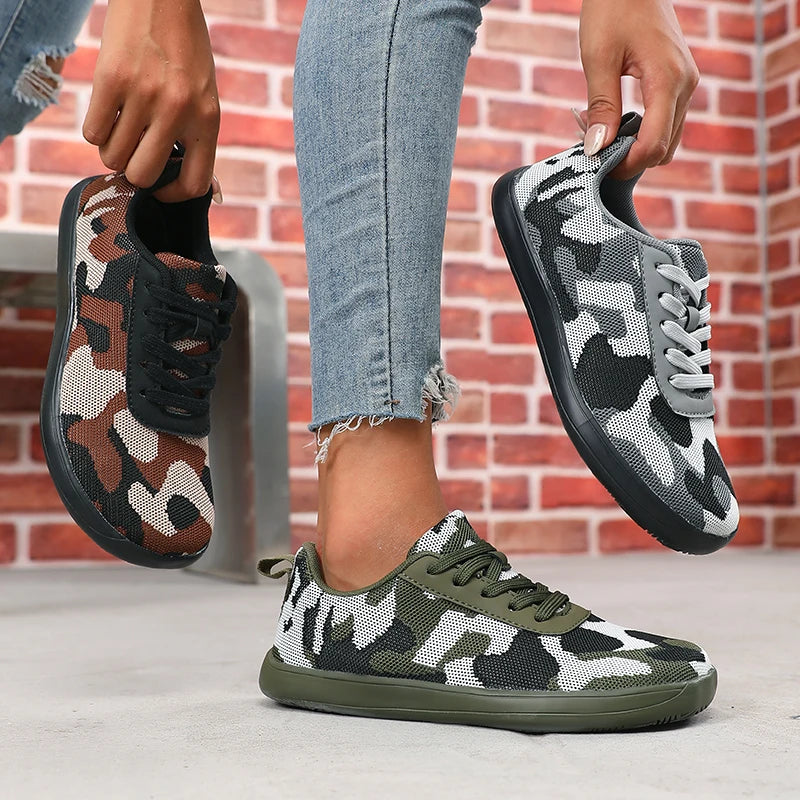 Camouflage-damesko med bred tå, åndbart mesh, komfortable barfodssko med flad sål, nye bløde såler, Chaussure De herresneakers