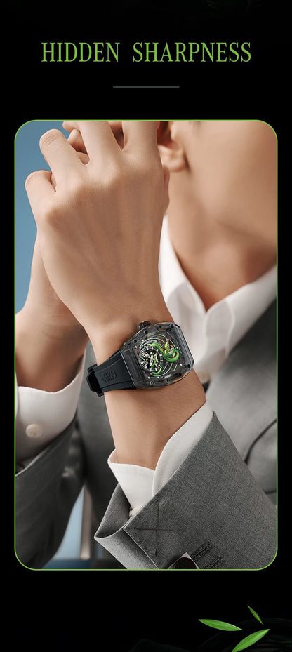 BONEST GATTI Men's Mechanical Watch Sapphire Crystal Double-Sided Hollow Out Luminous 30M Waterproof Snake Pattern Dial Wristwatch
