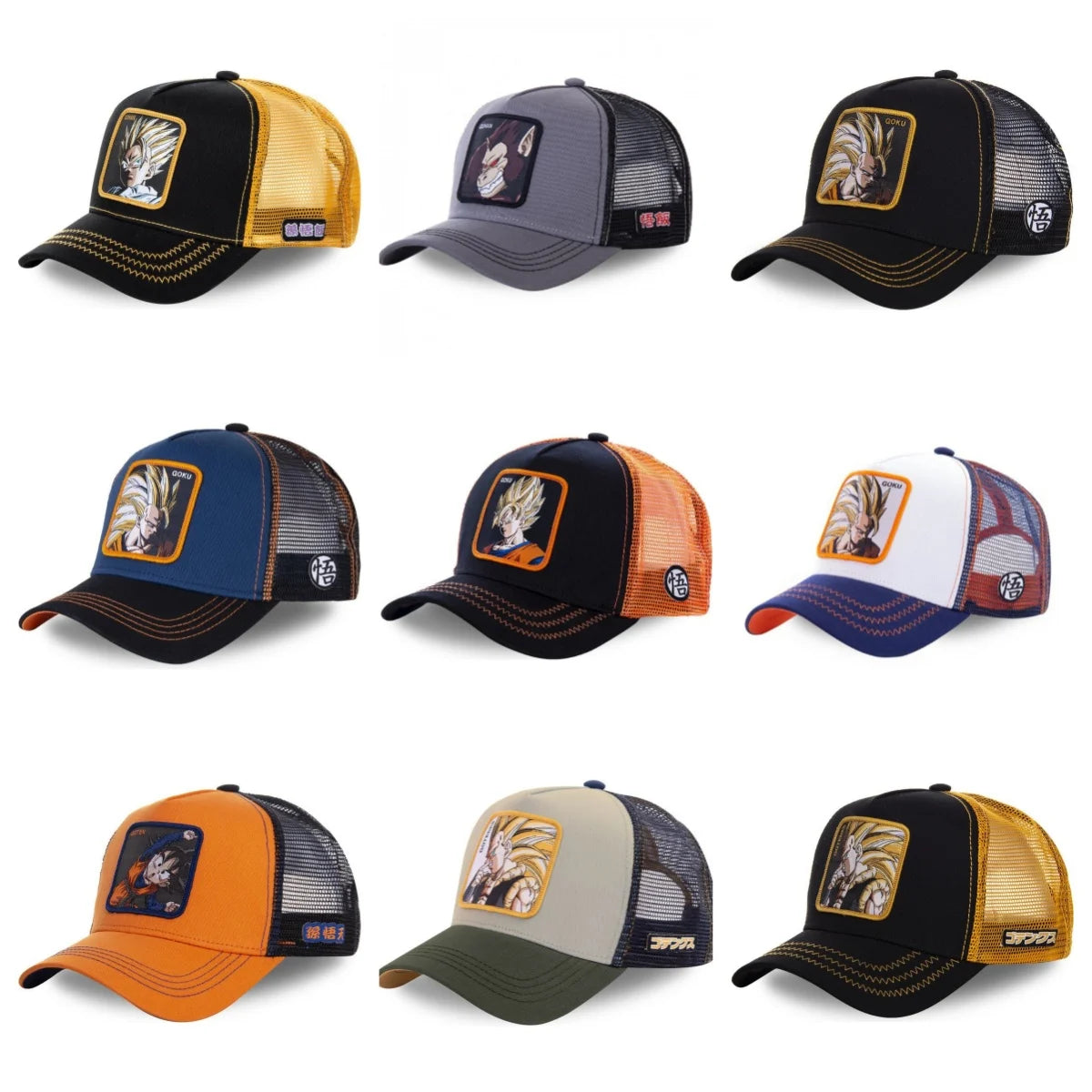Dragon Ball Son Goku sapka, nyári utazós csúcsos sapka, férfi hímzett hip-hop stílusú napellenzős, állítható trucker hálós sapka