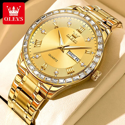 OLEVS 9906 kvartsarmbandsur för män, fyrkantig modell prydd med diamanter, armband i rostfritt stål, vattentätt, med dubbel kalender; ett originellt lyxarmbandsur, perfekt för arbetslivet.