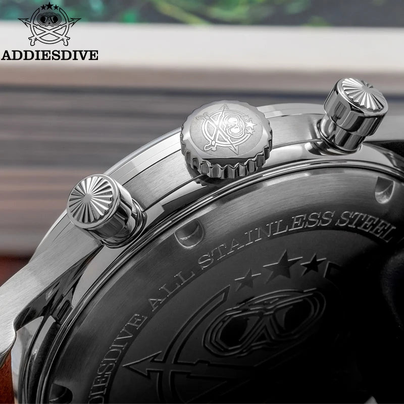 ADDIESDIVE Reloj Hombre  Multifunctional Chronograph Watch VK64 Leather Watch 10Bar Waterproof Mens Quartz Watches часы