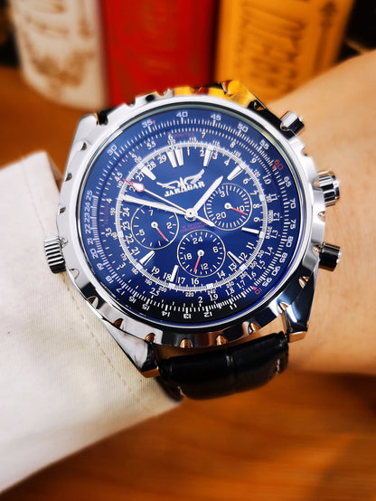 JARAGAR Men’s Luxury Automatic Mechanical Watch  Military Sport Design, Multifunction Dial & Leather Strap